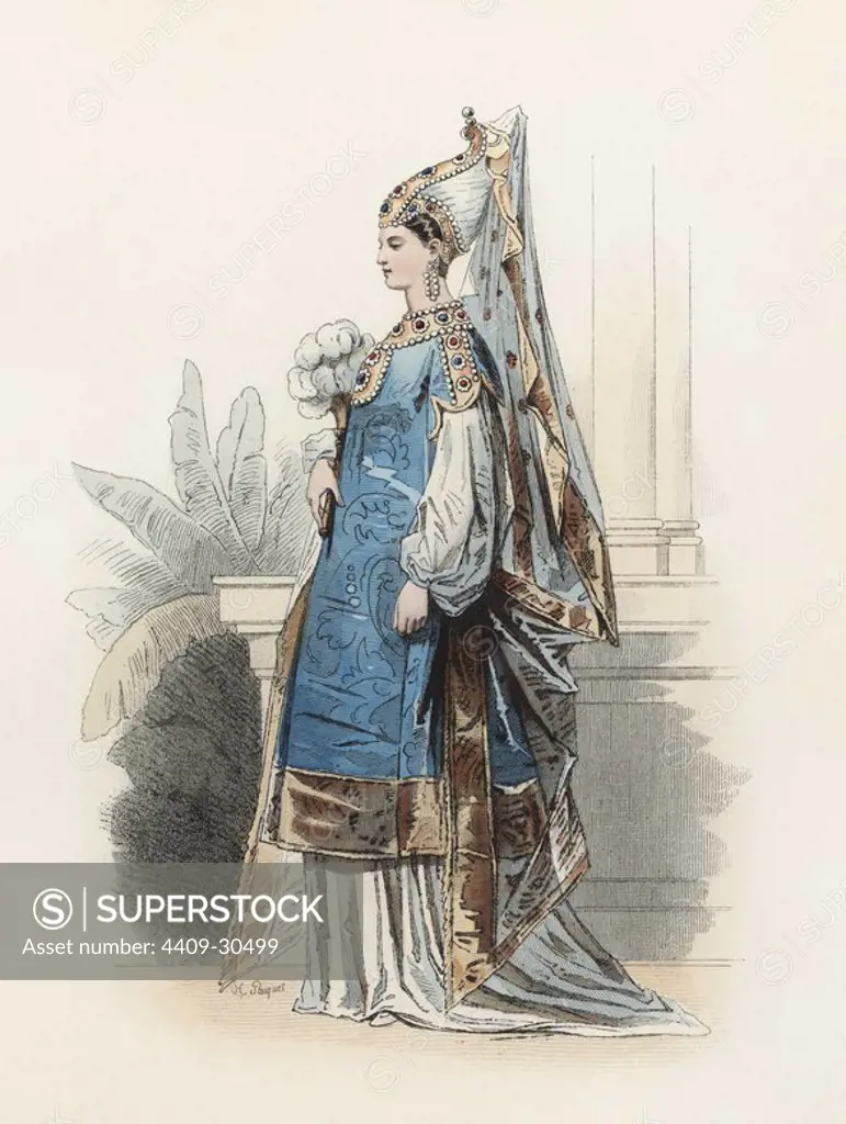 Princesa turca, en la Edad Moderna. Grabado en color de 1870.