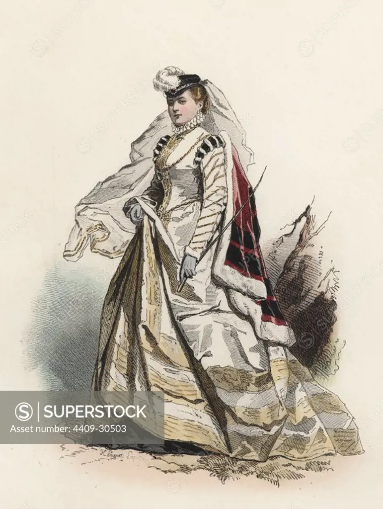 Dama Noble de la Alemania del Norte, en la Edad Moderna. Grabado en color de 1870.