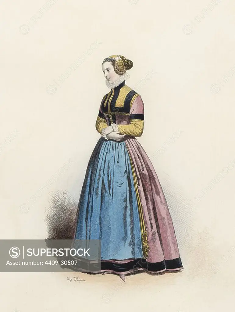 Joven de Colonia, en la Edad Moderna. Grabado en color de 1870.