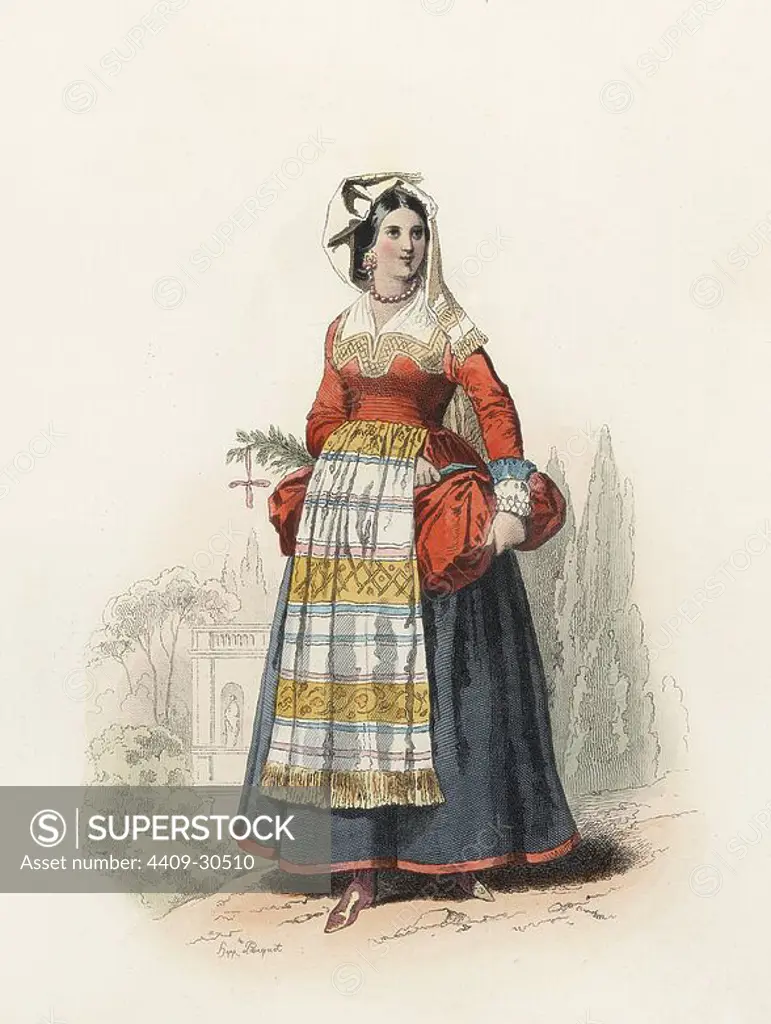 Mujer de Villettri, cerca de Roma, en la Edad Moderna. Grabado en color de 1870.