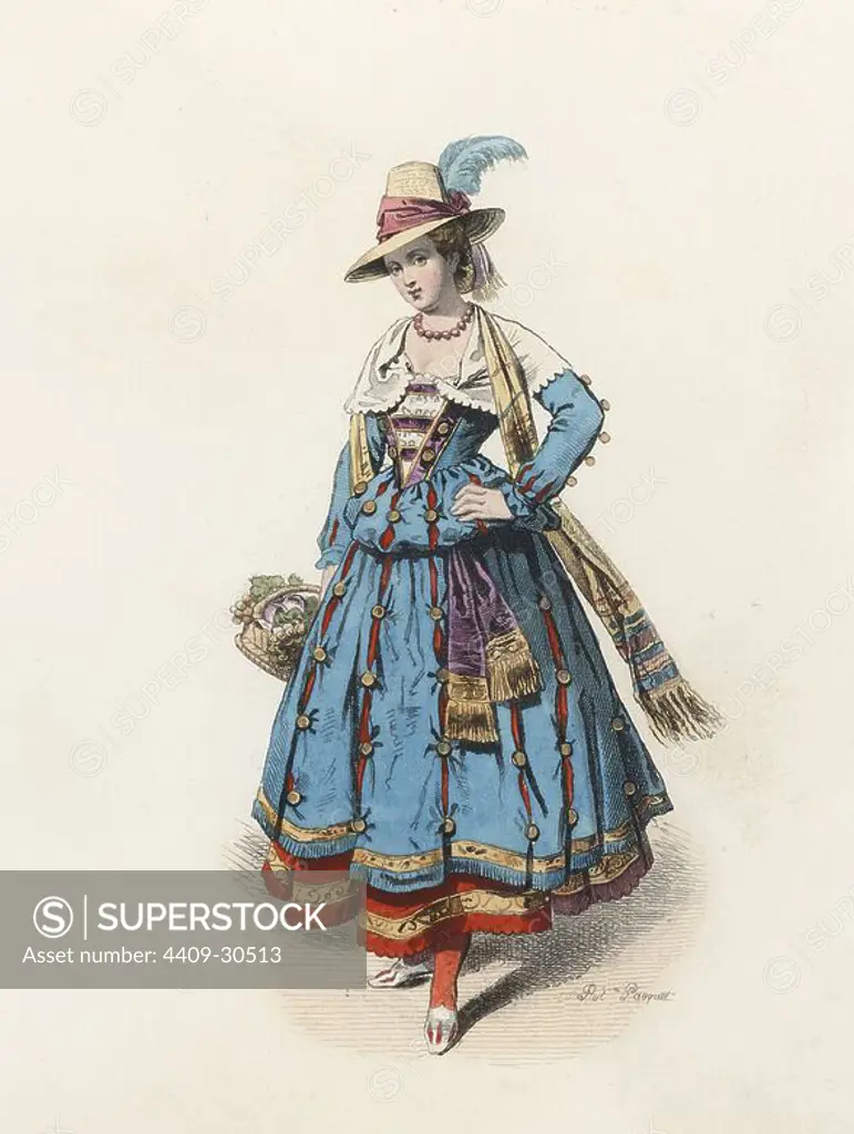 Mujer campesina de Lombardía, en la Edad Moderna. Grabado en color de 1870.