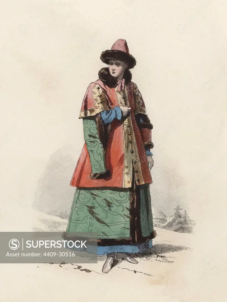 Hija del Boyardo Gran Duque de Moscú, en la Edad Moderna. Grabado en color de 1870.
