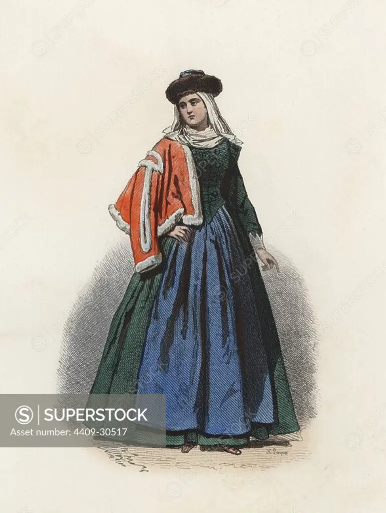 Mujer de un burgués polaco de Cracovia, en la Edad Moderna. Grabado en color de 1870.