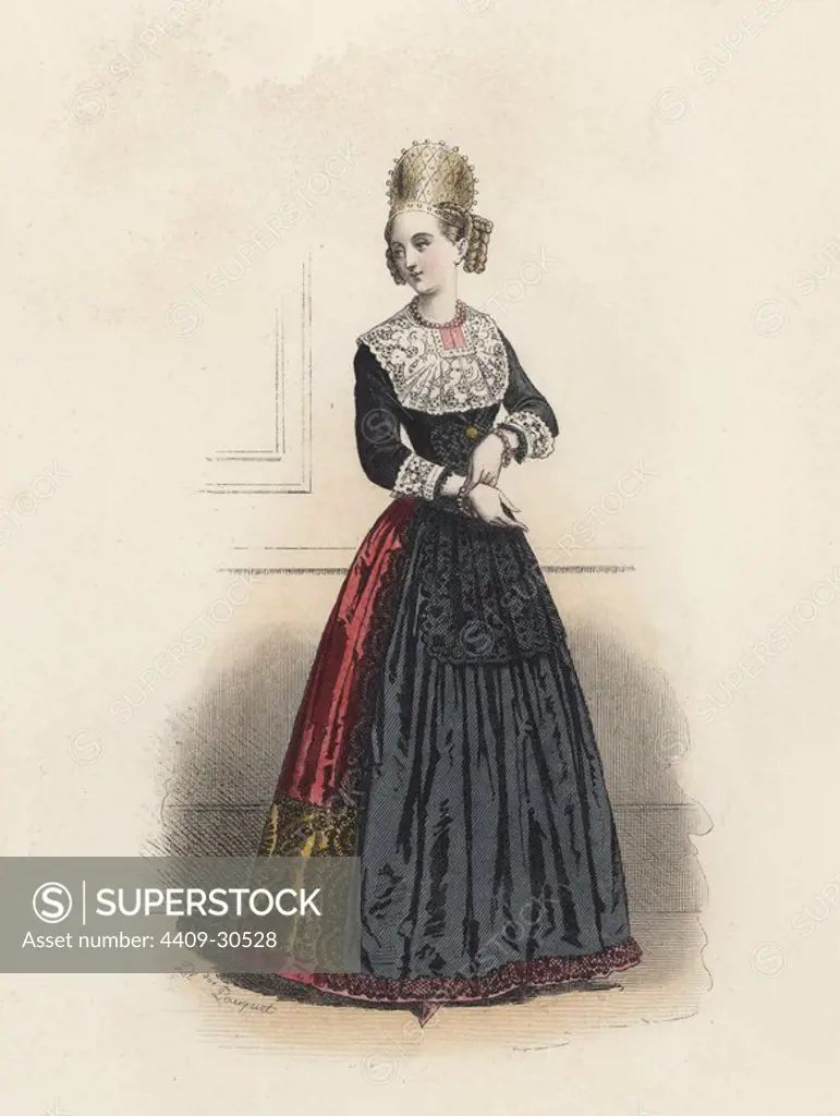 Señorita de Augsburgo, en la Edad Moderna. Grabado en color de 1870.