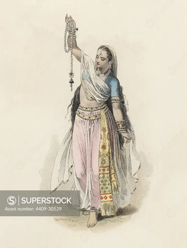 Mujer del Indostán, en la Edad Moderna. Grabado en color de 1870.