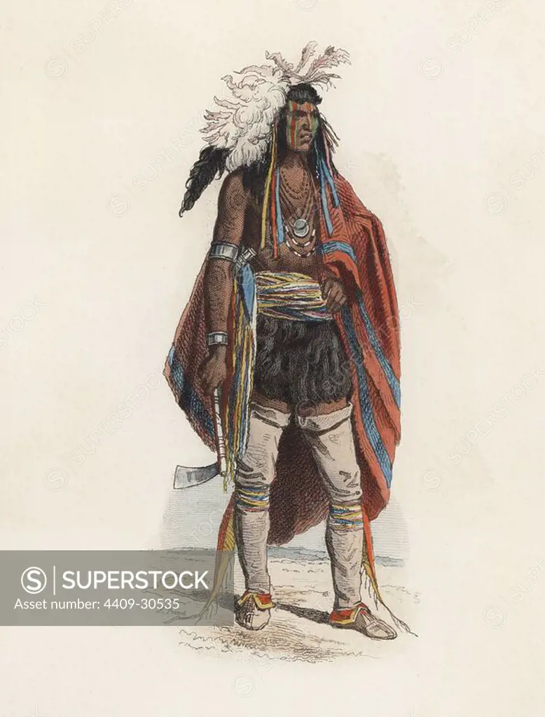 Indio de la América del Norte, en la Edad Moderna. Grabado en color de 1870.