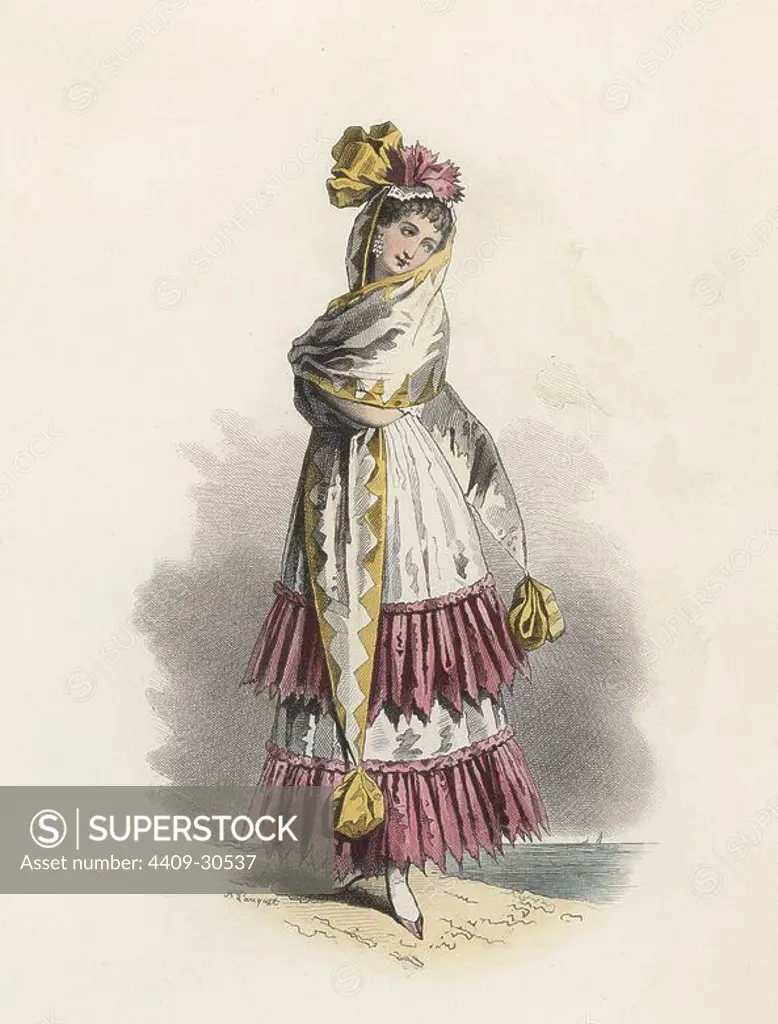 Mujer de Cádiz, en la Edad Moderna. Grabado en color de 1870.
