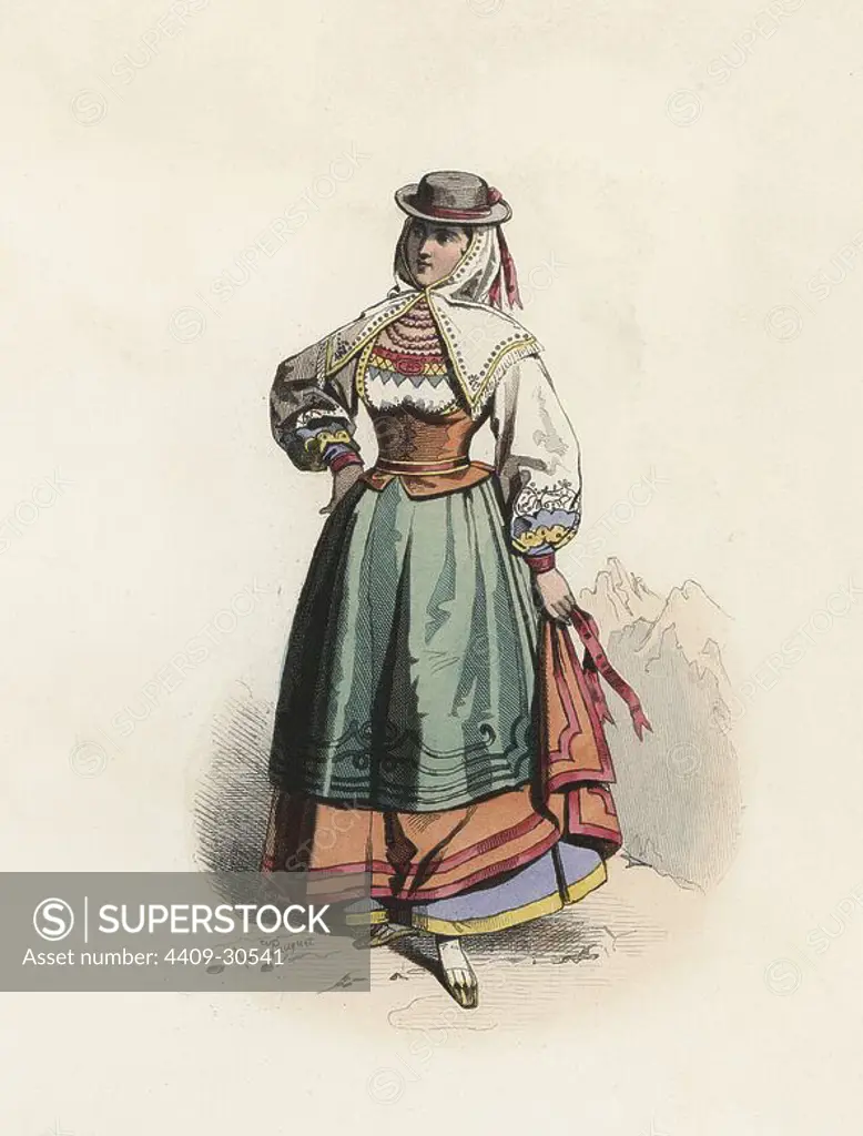 Mujer de Salamanca, en la Edad Moderna. Grabado en color de 1870.