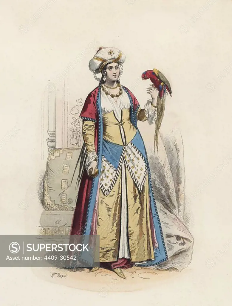 Dama de El Cairo, en la Edad Moderna. Grabado en color de 1870.