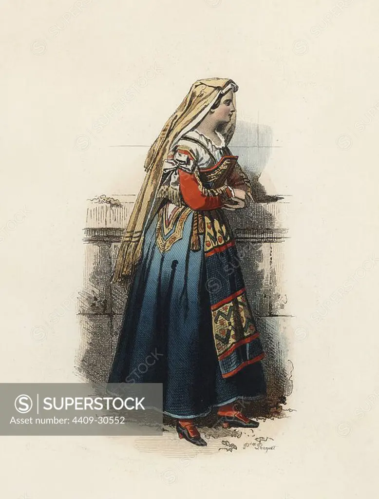 Mujer de Cervera (Reino de Nápoles), en la Edad Moderna. Grabado en color de 1870.
