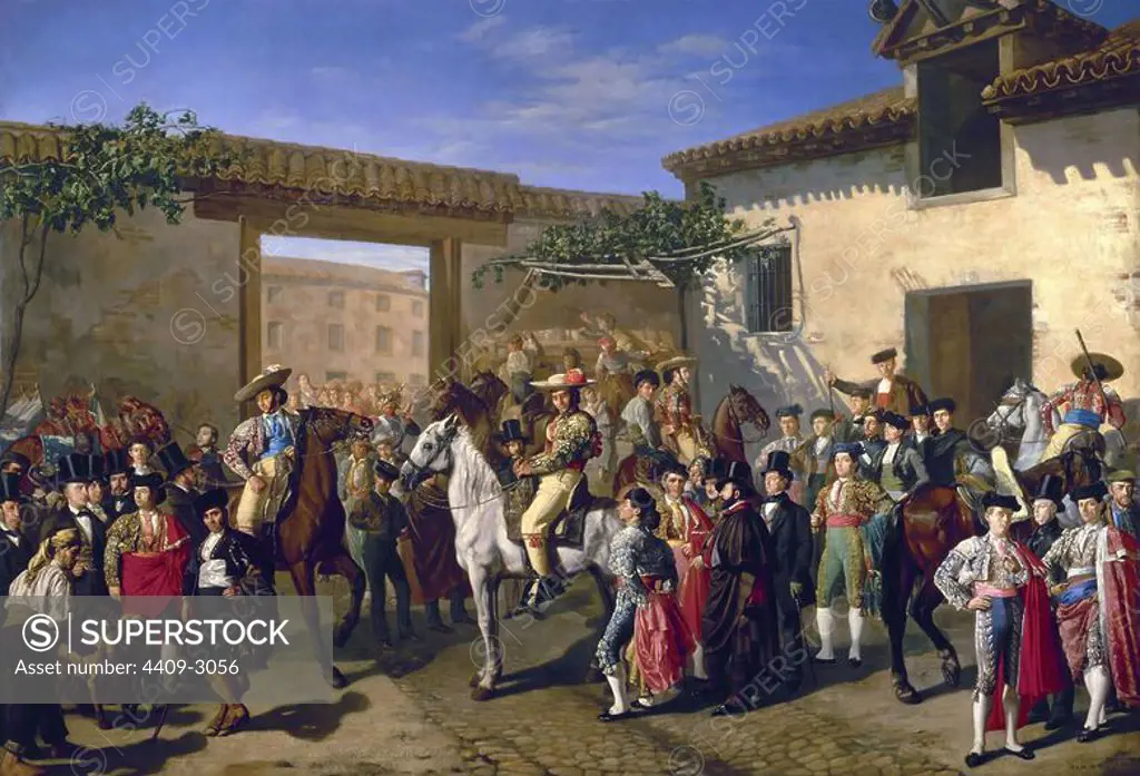'Horses in a Courtyard by the Bullring before the Bullfight, Madrid', 1853, Oil on canvas, 168 x 245 cm. Author: MANUEL CASTELLANO (1826-1880). Location: CASON DEL BUEN RETIRO-PINTURA. MADRID. SPAIN.