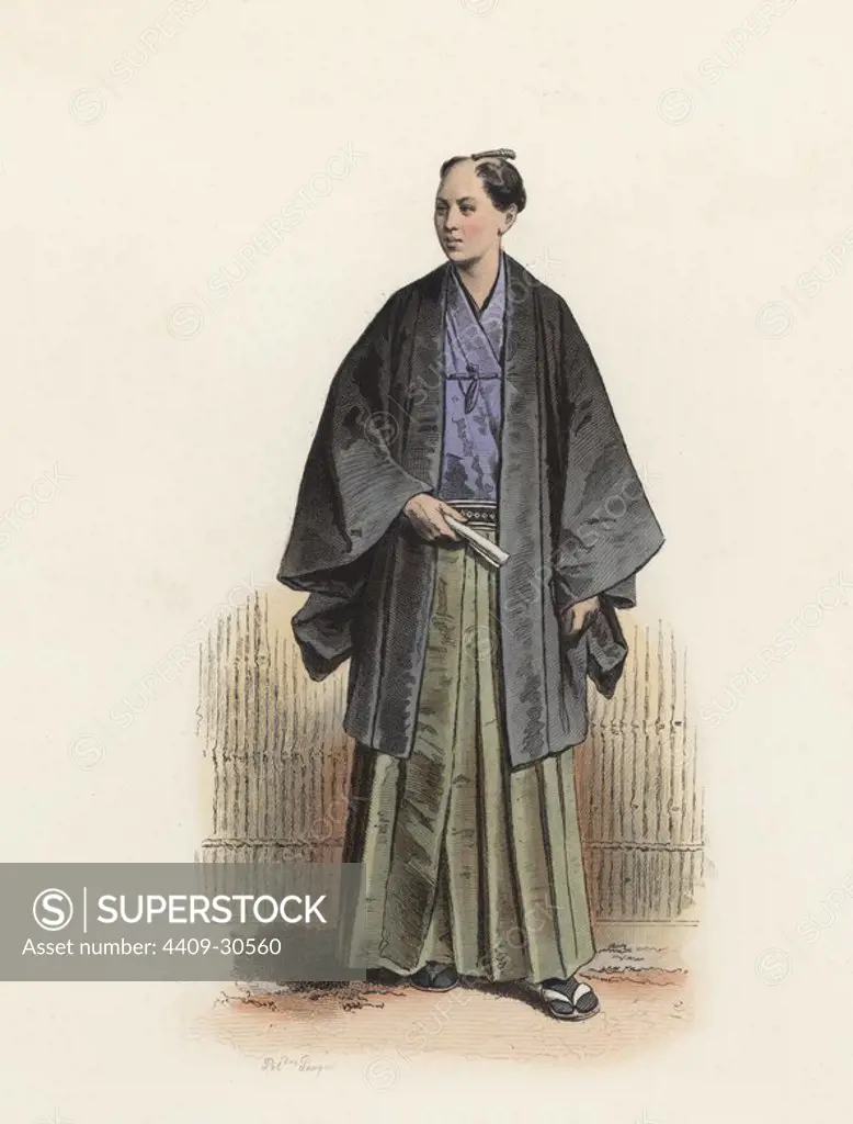 Oficial japonés en traje de calle, en la Edad Moderna. Grabado en color de 1870.
