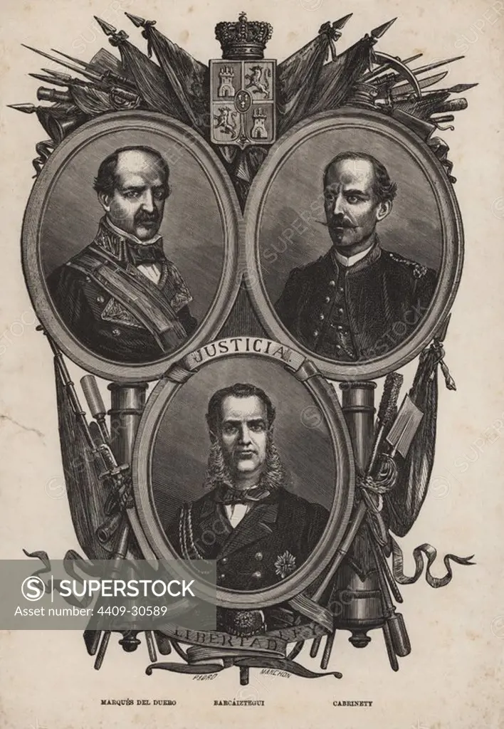 Litografía con imágenes de militares isabelinos que combatieron en la tercera guerra carlista. Marqués del Duero, Cabrinetti y Barcaiztegui. Año 1873.