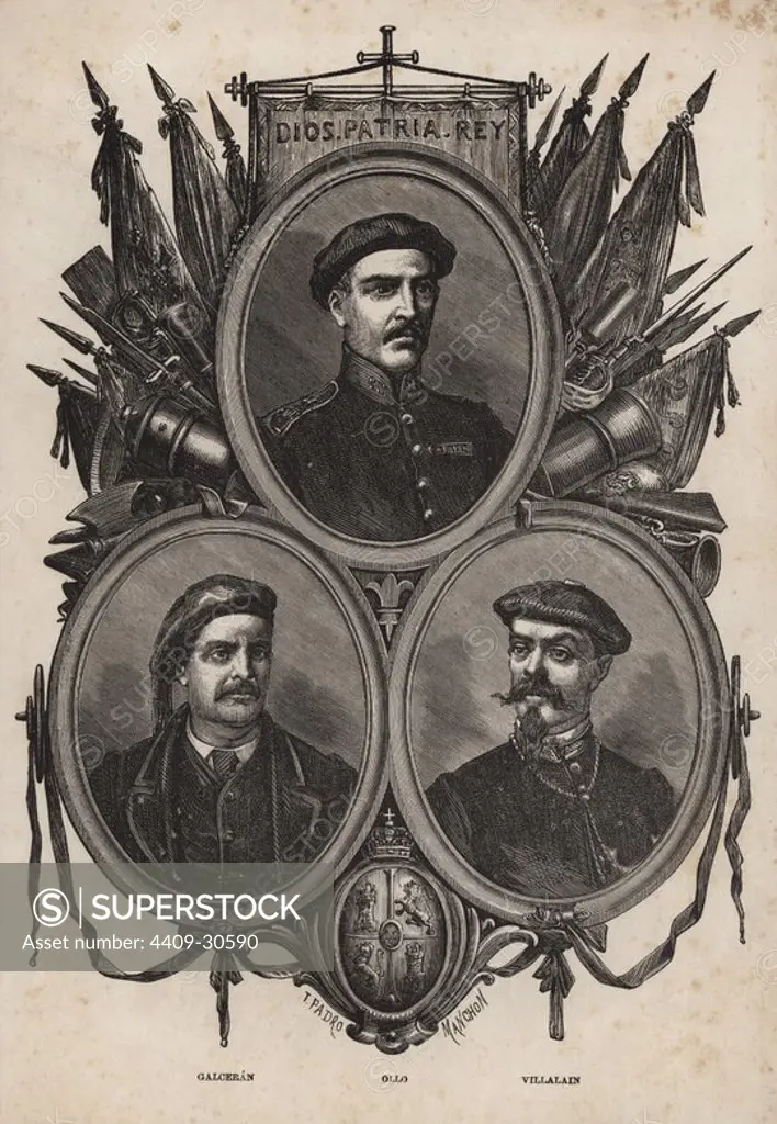 Litografía con imágenes de militares carlistas que combatieron en la tercera guerra carlista. Galcerán, Ollo y Villalaín. Año 1873.