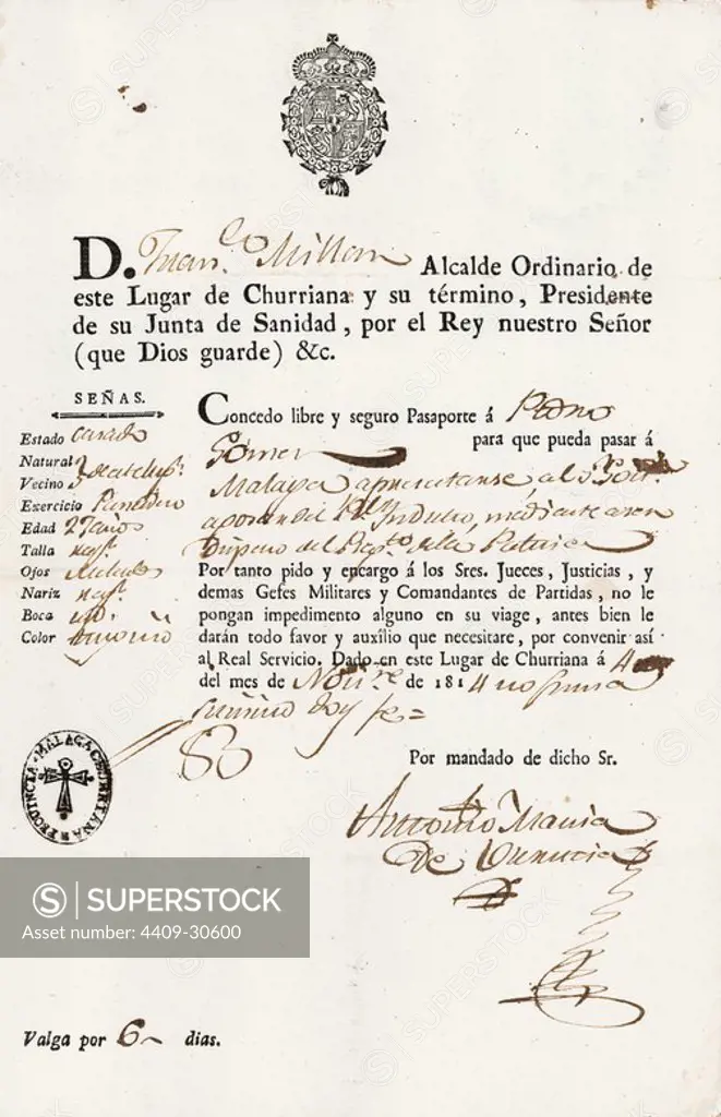 Pasaporte expedido por el Alcalde de Churriana, provincia de Málaga, el 4 de noviembre de 1814.