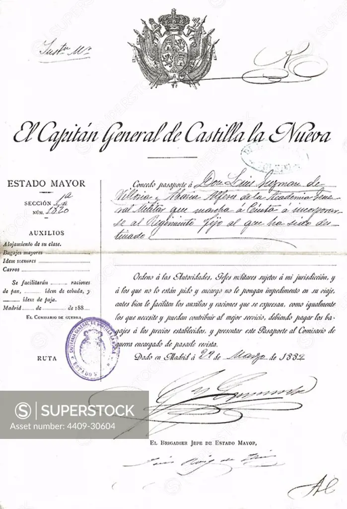 Pasaporte a un soldado de la Academia General Militar concedido por el Capitán General de Castilla la Nueva en Madrid, el 29 de marzo de 1889.