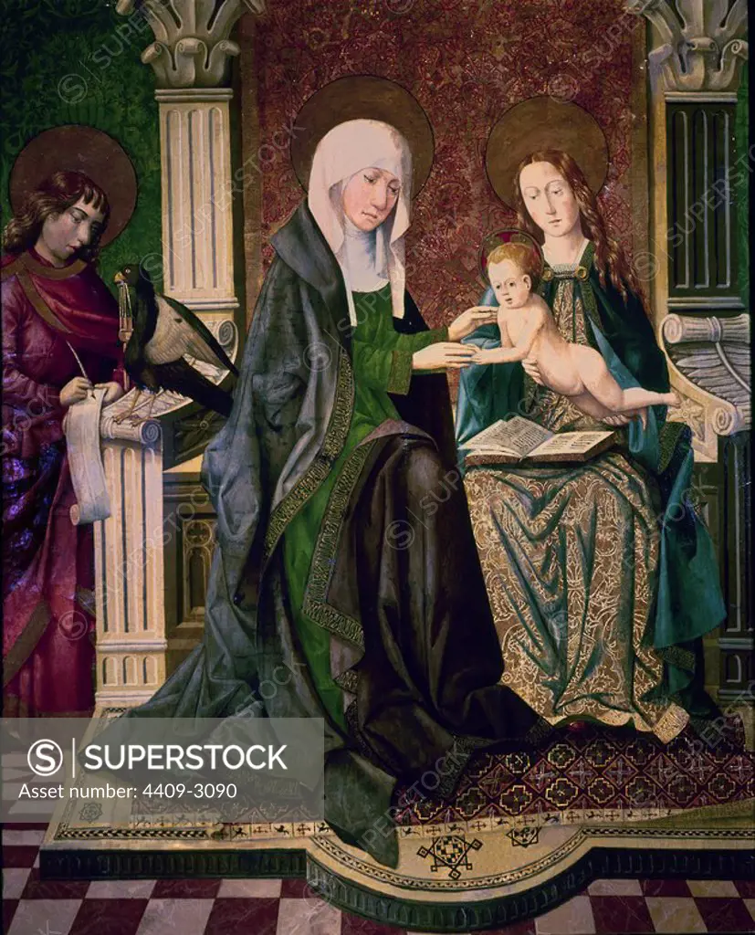 'Virgin and Child, Saint John the Evangelist and Saint Anne', 16th-17th century, Oil on panel, 137 x 111 cm. Author: SINOBAS MAESTRO DE. Location: MUSEO LAZARO GALDIANO-COLECCION. MADRID. SPAIN. CHILD JESUS. VIRGIN MARY. SAN JUAN EVANGELISTA Y APOSTOL. SANTA ANA MADRE DE LA VIRGEN MARIA.