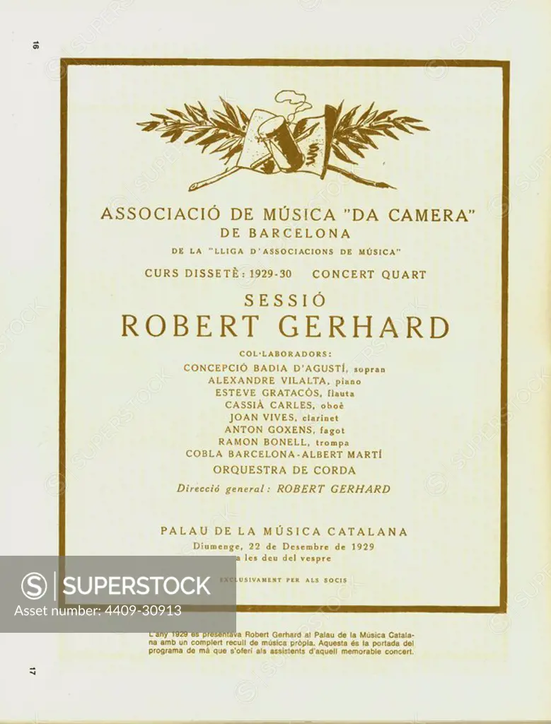 Programa de mano del concierto de Robert Gerhard el 22 de diciembre de 1929 en el Palau de la Música Catalana.