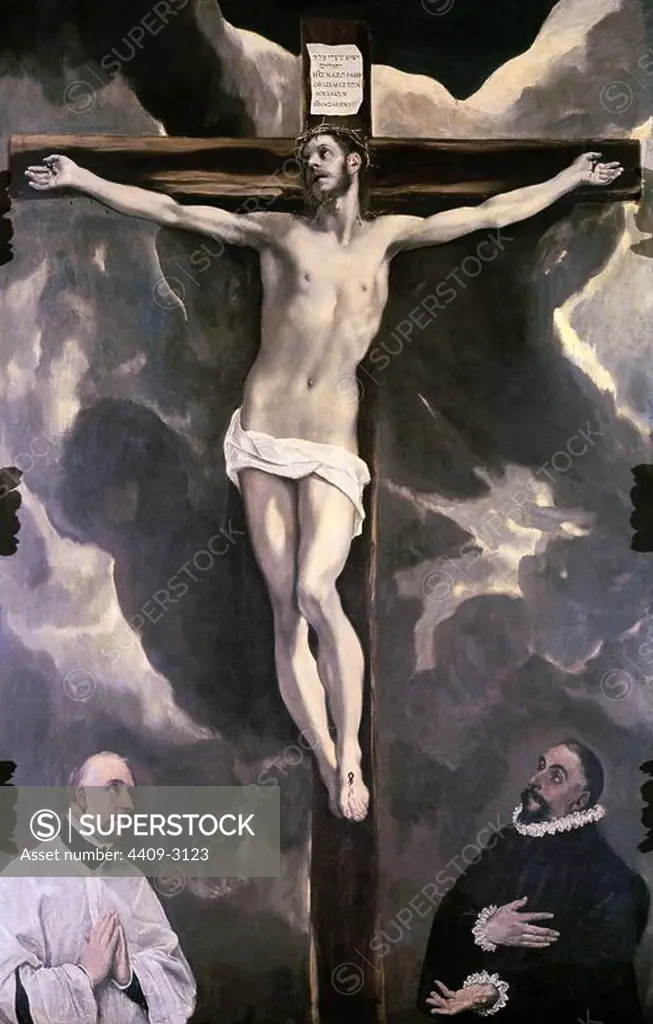 'Christ on the Cross Adored by Donors', 1590, Oil on canvas, 250 x 180 cm. Author: EL GRECO. Location: LOUVRE MUSEUM-PAINTINGS. France. JESUS. CRISTO CRUCIFICADO.