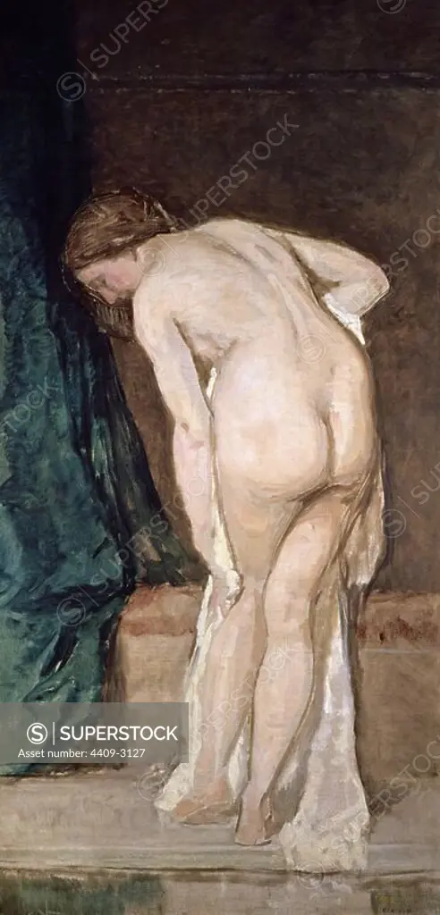 'Female Nude (after bathing)', ca. 1869, Spanish School, Oil on canvas, 185 cm x 90 cm, P04616. Author: EDUARDO ROSALES GALLINAS. Location: MUSEO REINA SOFIA-PINTURA. MADRID. SPAIN.