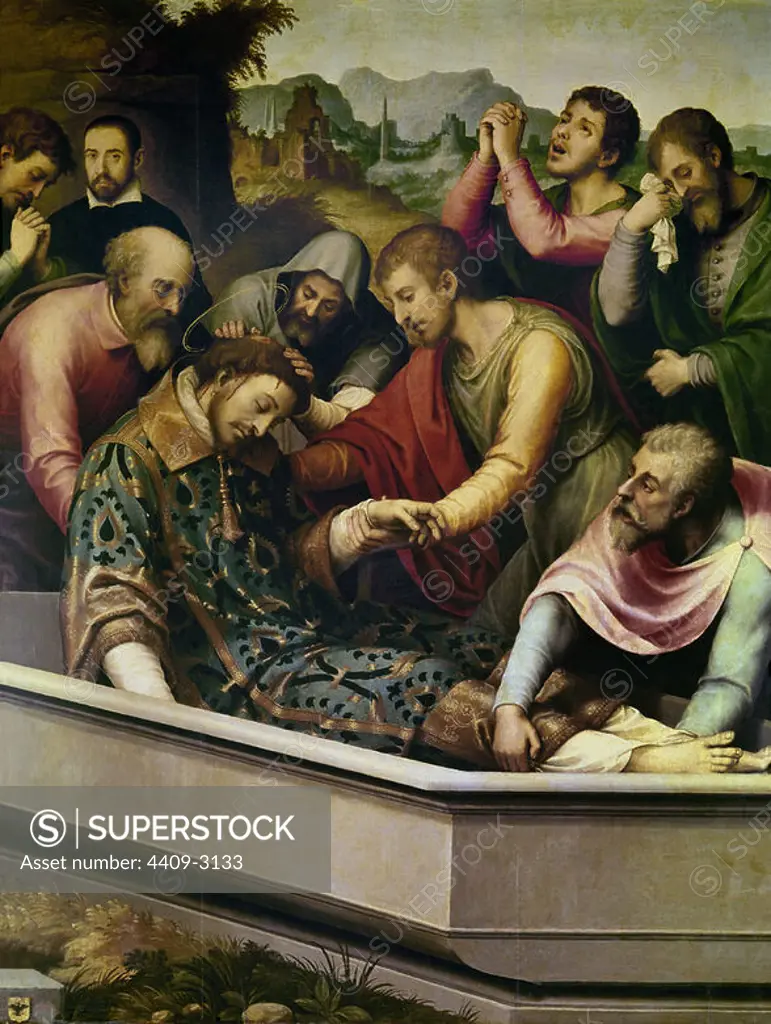 'The Burial of Saint Steven', ca. 1562, Spanish School, Oil on panel, 160 cm x 123 cm, P00842. Author: JUAN DE JUANES (1510-1579). Location: MUSEO DEL PRADO-PINTURA. MADRID. SPAIN.