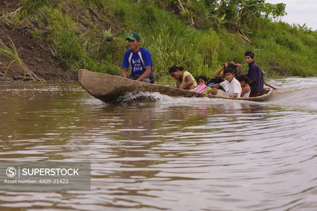 Boat (peque-peque) in the Amazon river near Iquitos. Loreto. Peru.