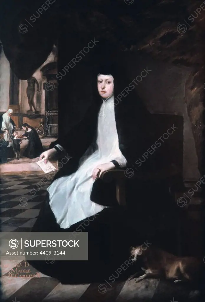 'Queen Mariana of Spain in Mourning', 1666, Oil on canvas, 196,8 x 146 cm. Author: JUAN BAUTISTA MARTÍNEZ DEL MAZO. Location: NATIONAL GALLERY. LONDON. ENGLAND. MARIANA DE AUSTRIA. FELIPE IV 2º ESPOSA. CARLOS II MADRE.