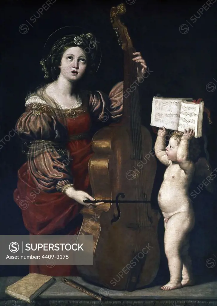 'Saint Cecilia with an Angel Holding a Musical Score', ca. 1617-1618, Oil on canvas, 160 x 120 cm. Author: DOMENICHINO. Location: LOUVRE MUSEUM-PAINTINGS. France. SANTA CECILIA SIGLOS II / III.
