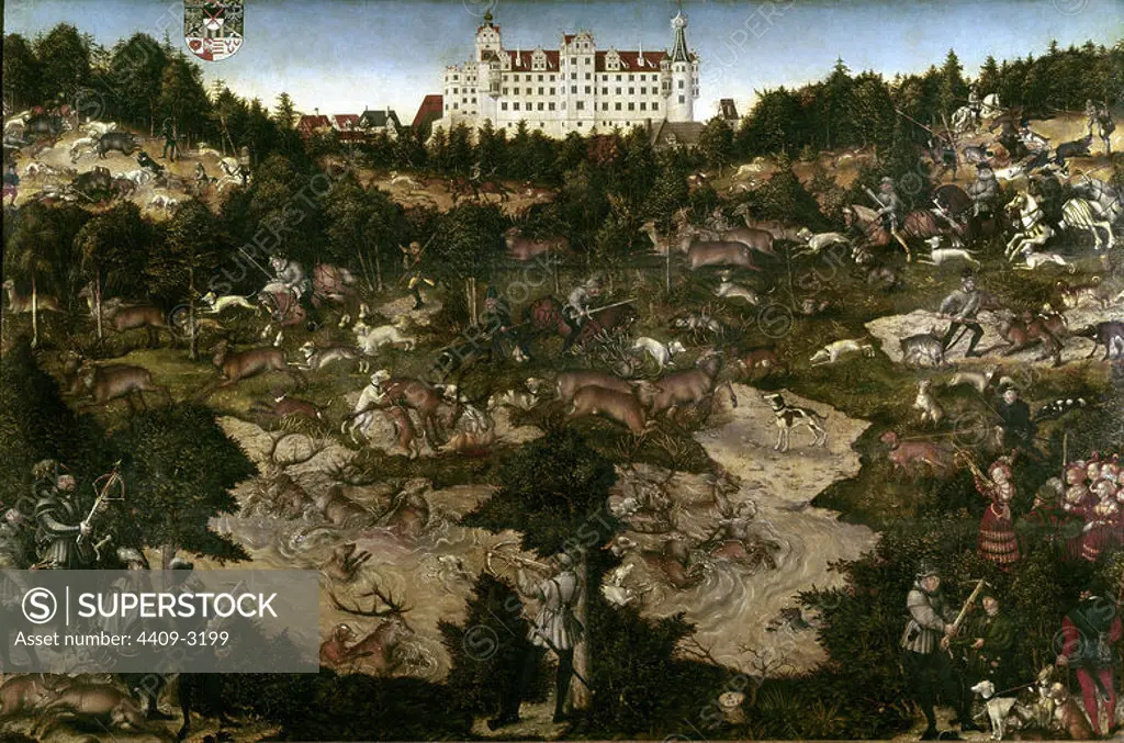 'A Hunt in Honor of Carlos V at Torgau Castle', 1544, German School, Oil on panel, 114 x 175 cm, P02175. Author: Lucas Cranach the Elder. Location: MUSEO DEL PRADO-PINTURA. MADRID. SPAIN.