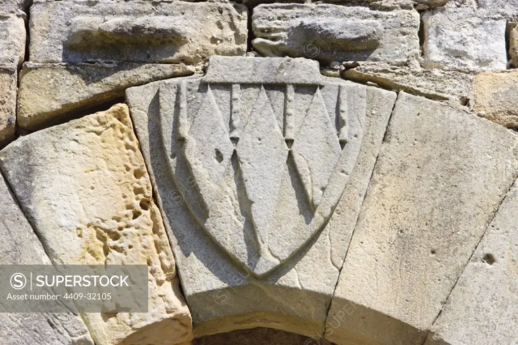 Shield detail in the Cathar Castle of Arques. Aude. France.
