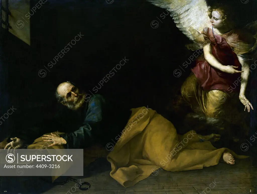 'Saint Peter Freed by an Angel', 1639, Spanish Baroque, Oil on canvas, 177 cm x 232 cm, P01073. Author: JUSEPE DE RIBERA. Location: MUSEO DEL PRADO-PINTURA. MADRID. SPAIN. APOSTLE PETER.