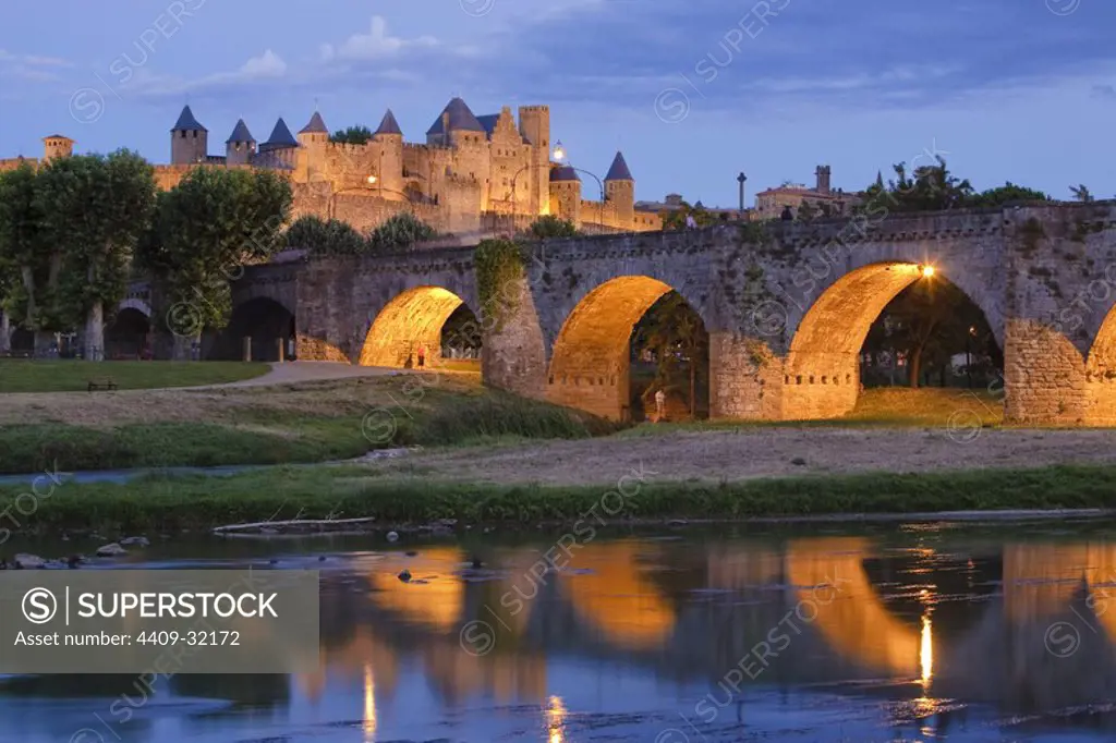 Old Bridge over the Aude River. City of Carcassonne. Aude. France.