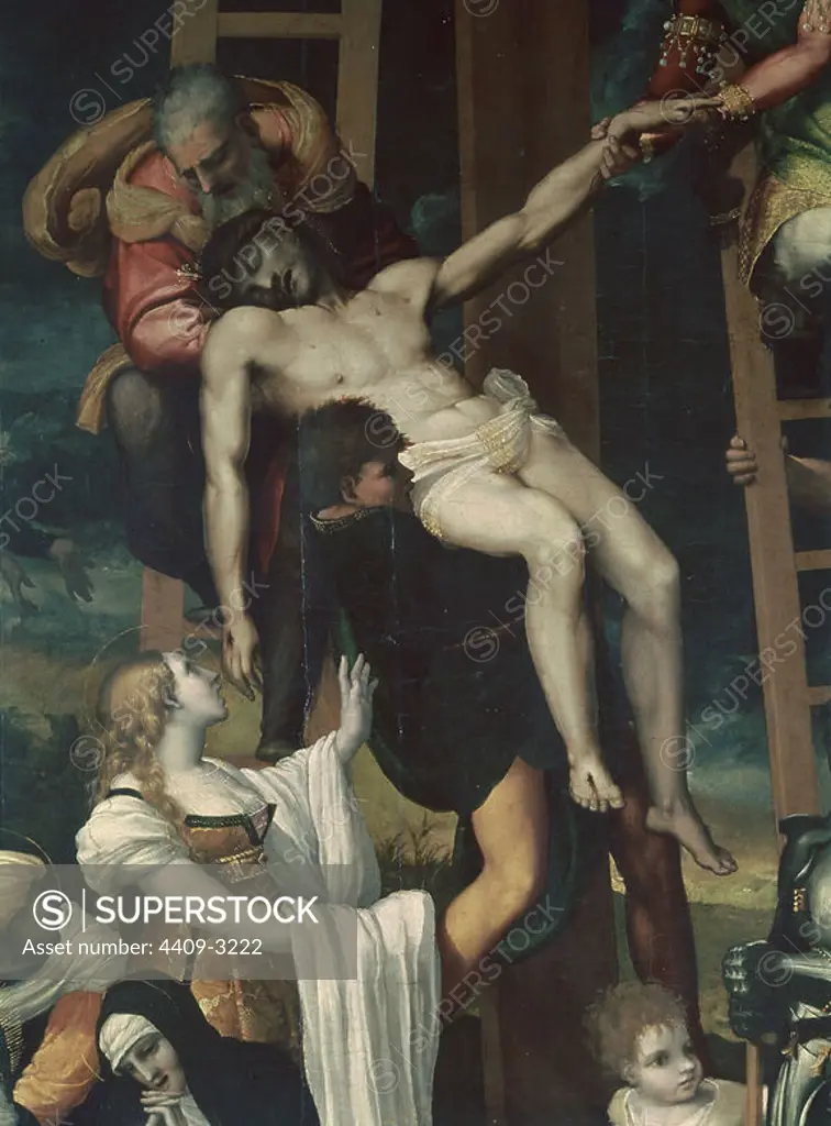 'Descent from the Cross' (detail), 1547, Spanish School, Oil on panel, P03017. Author: Pedro Machuca. Location: MUSEO DEL PRADO-PINTURA. MADRID. SPAIN. MARY MAGDALENE. JOSEPH OF ARIMATHEA. NICODEMO. CRISTO MUERTO.