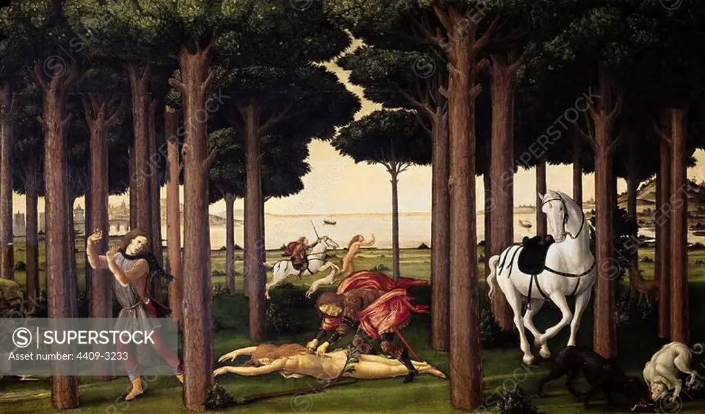 'The Story of Nastagio degli Onesti (II)', ca. 1483, Oil on panel, 82 cm x 138 cm, P02839. Author: SANDRO BOTTICELLI. Location: MUSEO DEL PRADO-PINTURA. MADRID. SPAIN. NASTAGIO DEGLI HONESTI. ONESTI NASTAGIO DEGLI / NASTAGIO DEGLI ONESTI.