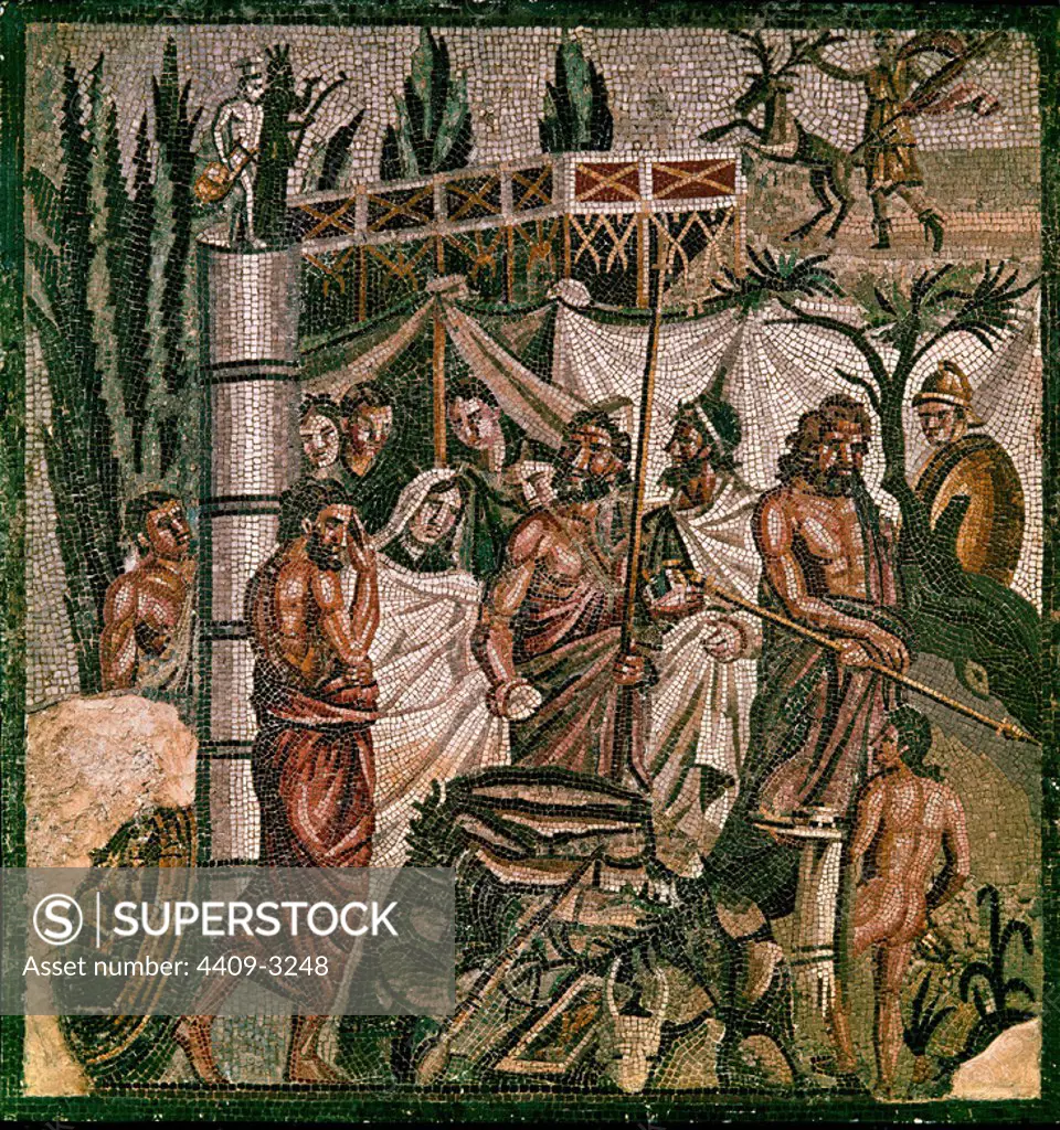 Mosaïque : Iphigenia's Sacrifice. Ampurias, Archaeology museum. Province of Gironia, Spain. Location: ARCHAEOLOGICAL MUSEUM. Ampurias. GERONA. IPHIGENIE. Agamemnon. KALCHAS. ULISES. Menelao.