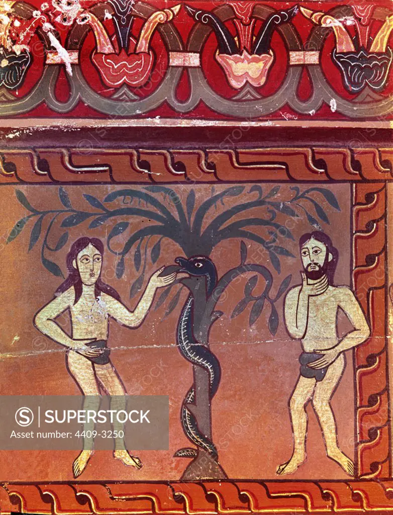 Front of the altar of Sagars : detail of Adam and Eve 12th century. Painting on panel. Solsona, diocesan archaeology museum. Spain. Location: MUSEO DIOCESANO Y COMARCAL. Solsona. Lerida. SPAIN.