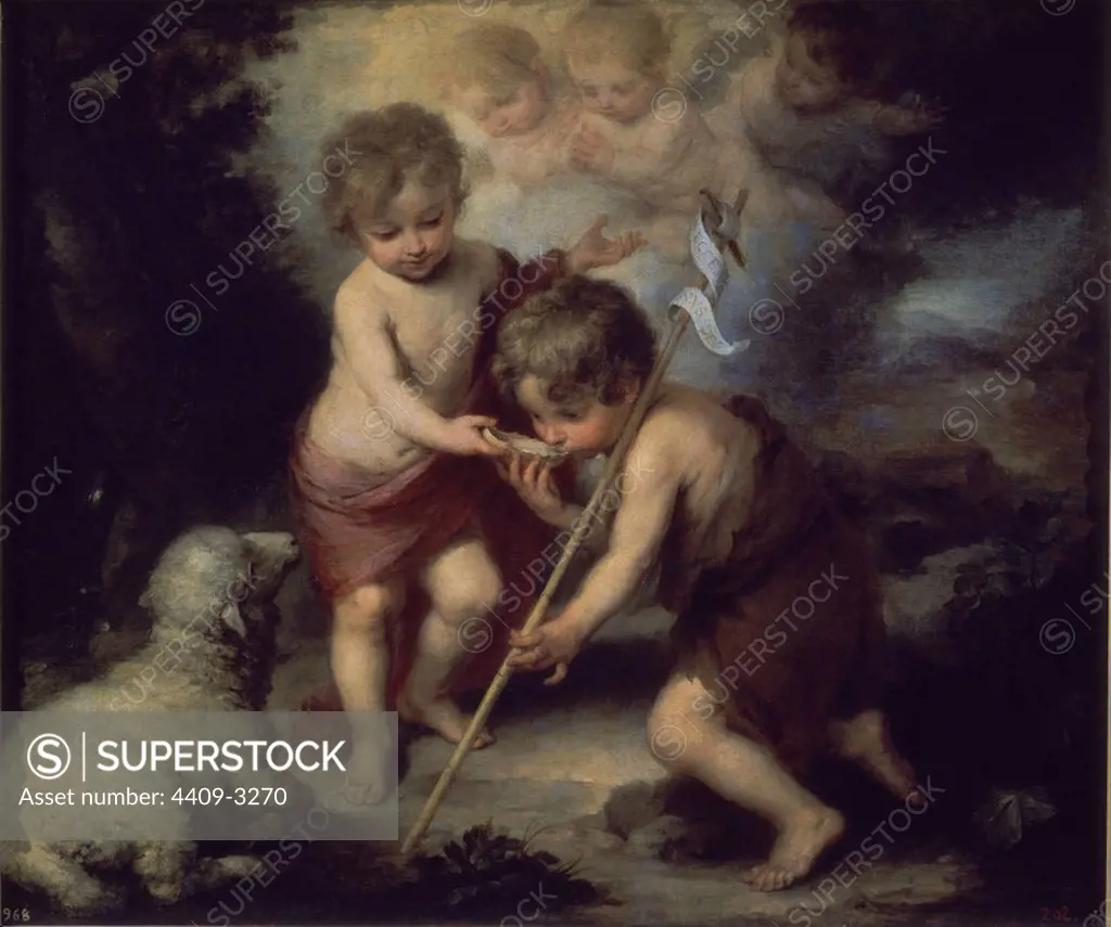 'The Holy Children with a Shell', 1670-1675, Spanish Baroque, Oil on canvas, 104 cm x 124 cm, P00964. Author: BARTOLOME ESTEBAN MURILLO. Location: MUSEO DEL PRADO-PINTURA. MADRID. SPAIN. CHILD JESUS. SAN JUAN BAUTISTA NIÑO / SAN JUANITO.