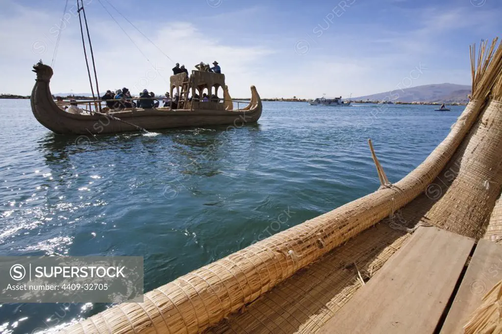 Totora boat. Uros Floating Islands. Titicaca Lake. Puno Departament. Peru.