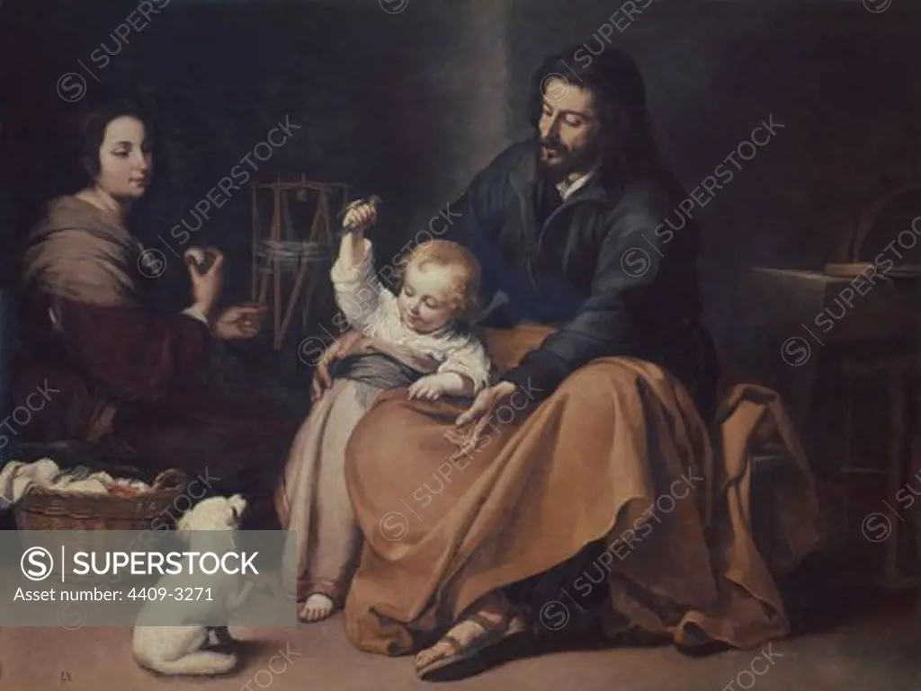Spanish school. The Holy Family with a Little Bird. Sagrada familia del pajarito. 1650. Oil on canvas (144x188). Spanish baroque. Author: MURILLO BARTOLOME. Location: MUSEO DEL PRADO-PINTURA, MADRID, SPAIN.