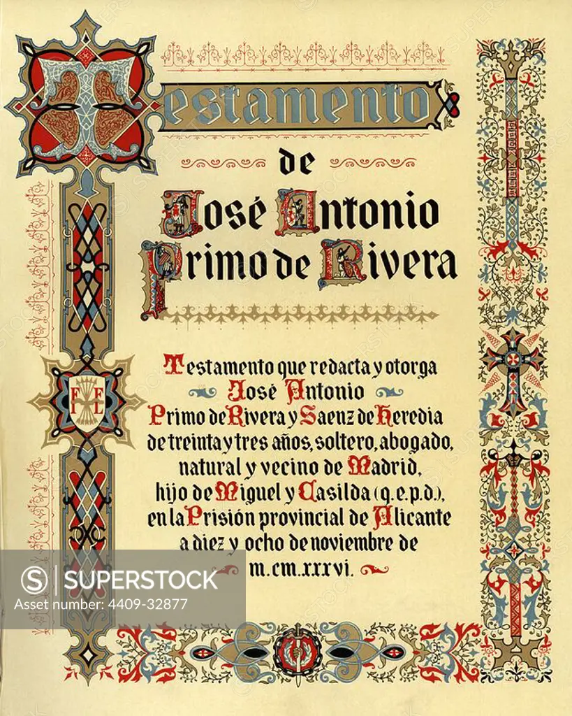 Ilustración para la portada del Testamento político de José Antonio Primo de Rivera, redactado en Alicante, el 18 de noviembre de 1936.