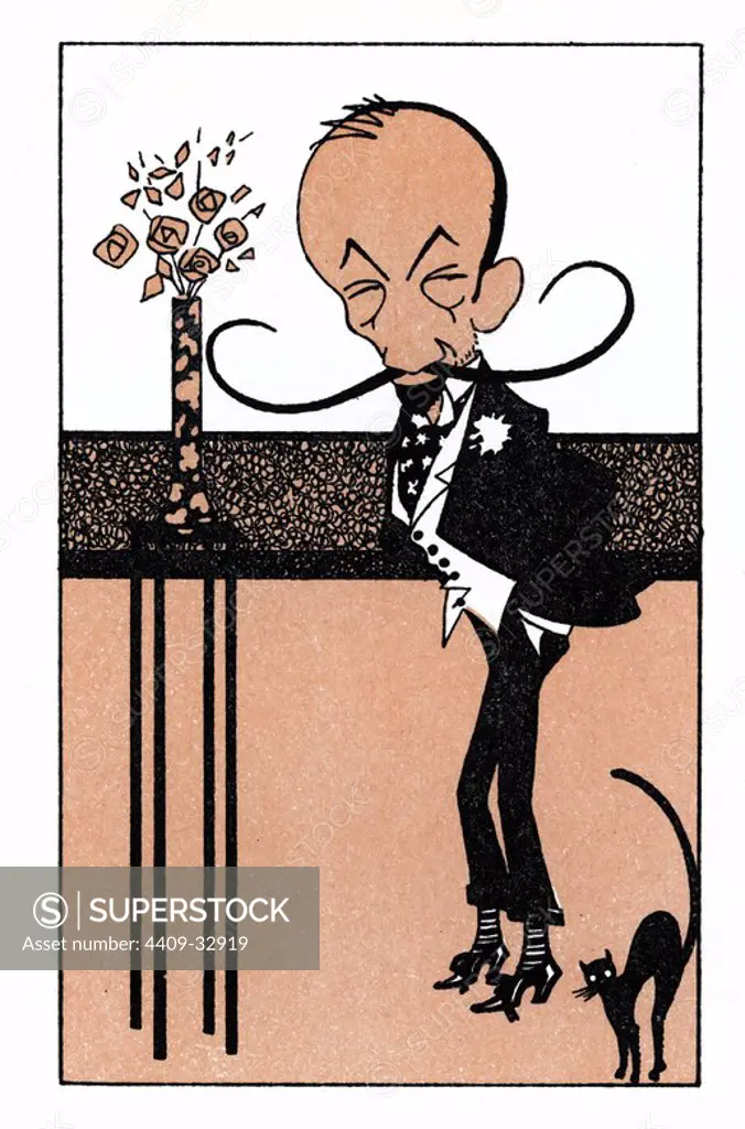 Caricatura de Jacinto Benavente Martínez (Galapagar, 1866-1954). Dramaturgo y director, guionista y productor de cine español. Año 1911. Author: ROMÁN BONET SINTES "BON".