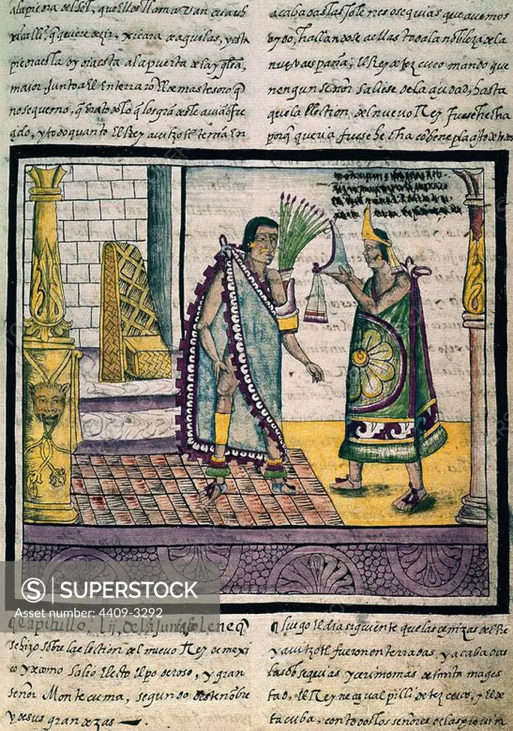 History of the Indians of New Spain : Moctezuma is accepting the crown of a prince. 1502. Madrid, national library. Author: DIEGO DURAN. Location: BIBLIOTECA NACIONAL-COLECCION. MADRID. SPAIN.
