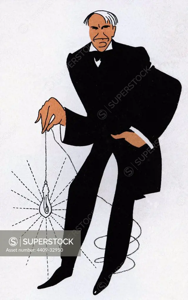 Caricature of Thomas Alva Edison (Milan, Ohio, 1847-West Orange, New Jersey, 1931). Inventor of the phonograph and businessman of the United States. Year 1911. Author: ROMÁN BONET SINTES "BON".