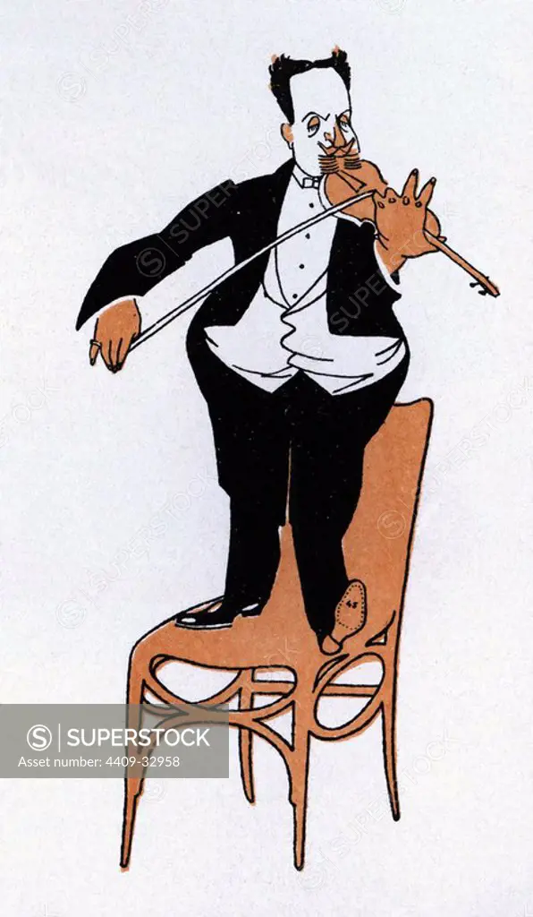 Caricatura de Julio Francés (1869-1944), violinista y profesor en la Escuela Nacional. Año 1911. Author: ROMÁN BONET SINTES "BON".