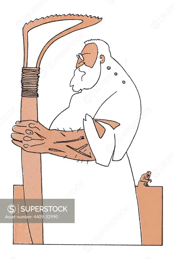Caricatura de Auguste Rodin (París, 1840-Meudon, 1917). Escultor francés contemporáneo a la corriente Impresionista, enmarcado en el academicismo más absoluto de la escuela escultórica neoclásica. Autor de la conocida obra "El pensador". Año 1911. Author: ROMÁN BONET SINTES "BON".