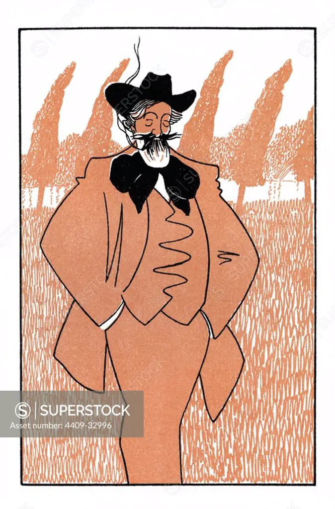 Caricatura de Santiago Rusiñol i Prats (Barcelona, 1861-Aranjuez, 1931), pintor, escritor y dramaturgo español en lengua catalana. Año 1911. Author: ROMÁN BONET SINTES "BON".