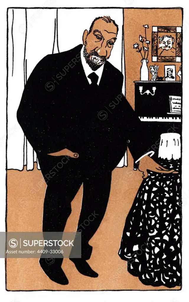 Caricatura de José Tragó y Arana (Madrid, 1857-1934), pianista y compositor español. Año 1911. Author: ROMÁN BONET SINTES "BON".