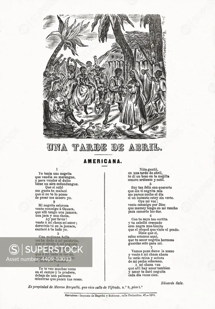 Grabado popular con la letra de la americana titulada Una tarde de abril, publicado en Barcelonas en 1864. Grabado al boj de Noguera.