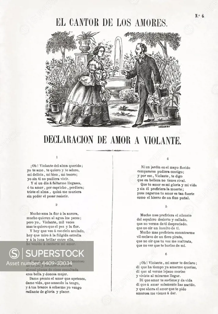 Grabado popular con la letra de la declaración de amor a Violante, titulada El cantor de los amores, publicado en Barcelonas en 1864. Grabado al boj de Noguera.