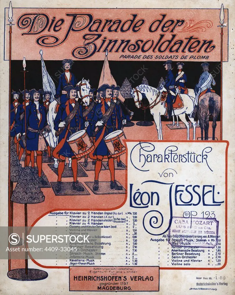 Partitura musical "Die Parade der Zinnsoldaten" (Desfile de Soldados de Plomo). Marcha editada en Magdeburg (Alemania) en 1905, compuesta por Leon Jessel.